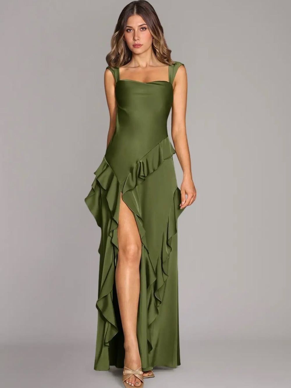 Azazie Olive Green Ruffle High-Slit Evening Dress *NWT*